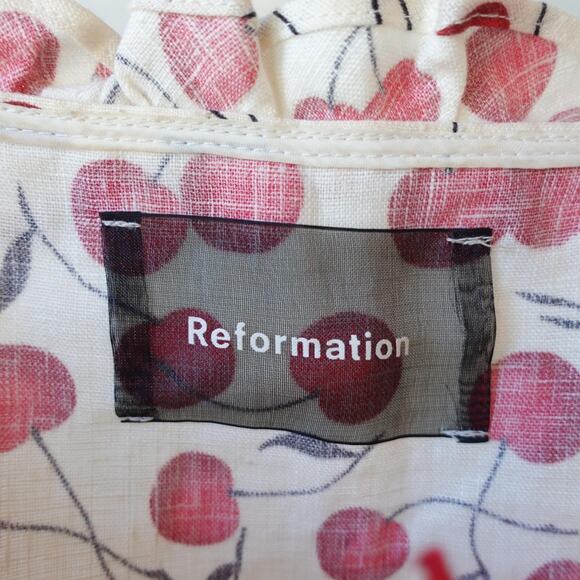 Reformation Corset Bustier Crop Top 10 White Red Cherry Print Linen Lace Up Tank - Picture 4 of 12